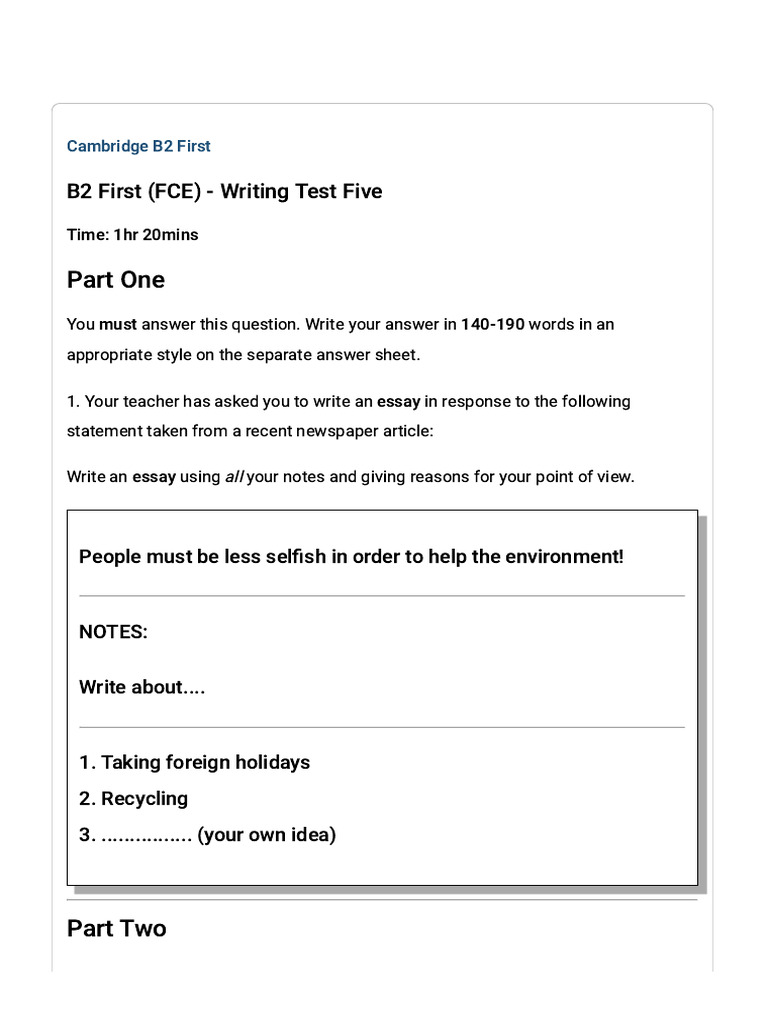 Cambridge b2 first exam fce writing example test five pdf