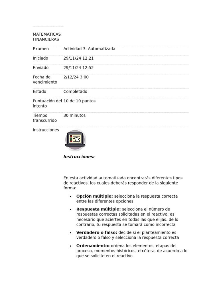 Examen Automatizado de Matemáticas Financieras | PDF | Dinero | Economias