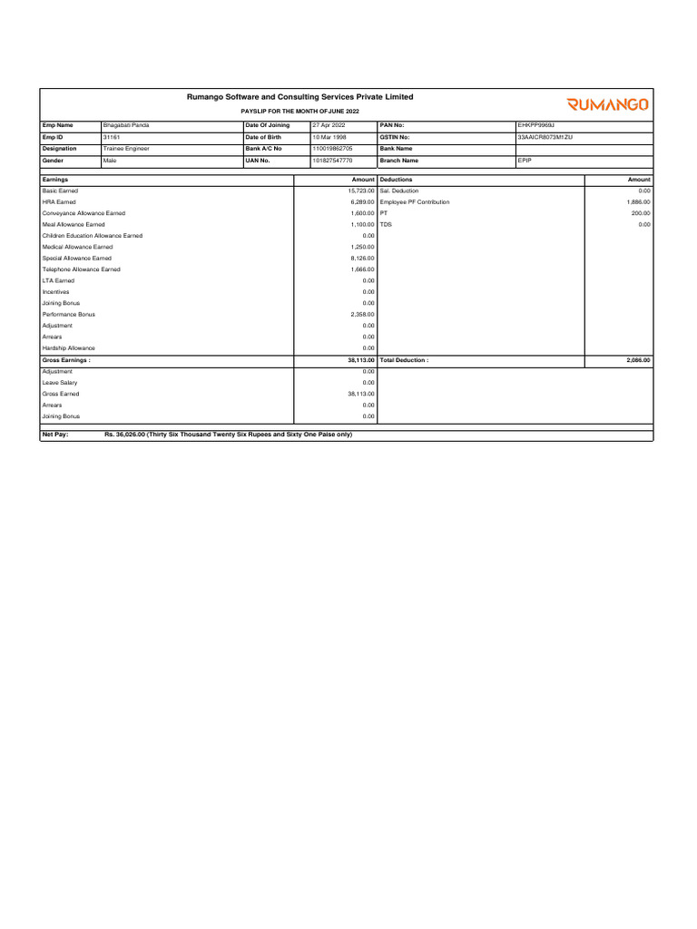 June 2022 Payslip for Bhagabati Panda | PDF | Employment Compensation ...