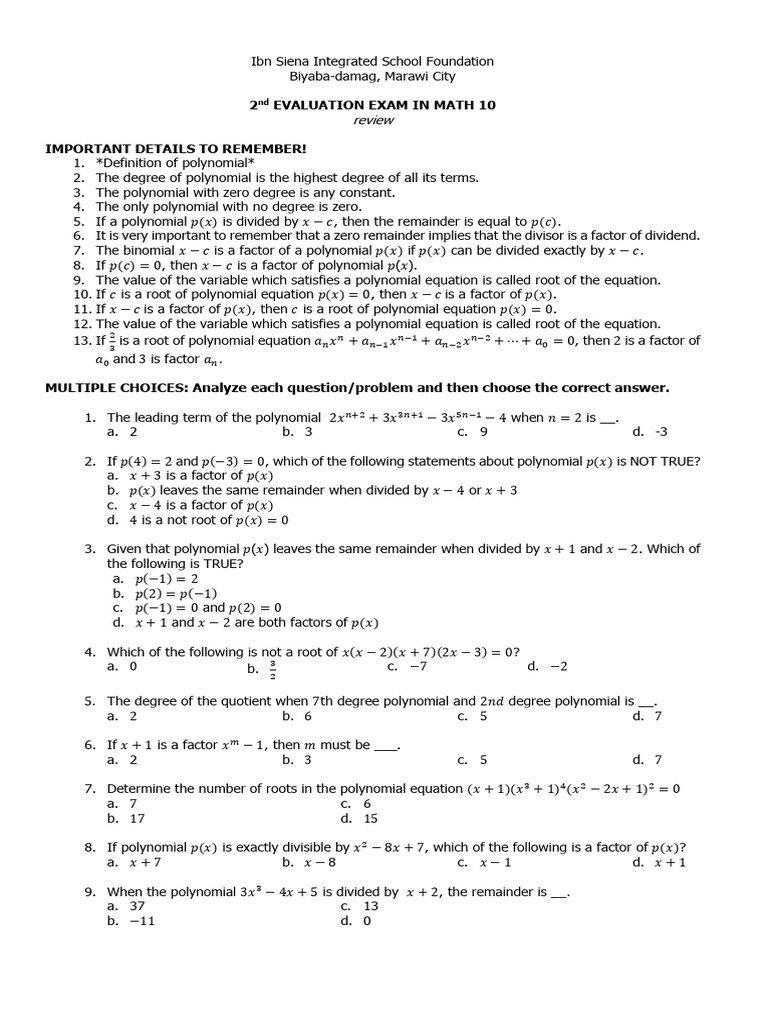 Math 10 Polynomial Exam Review Guide | PDF | Factorization | Polynomial
