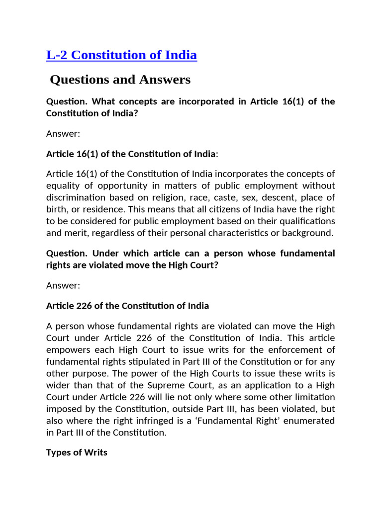 Key Articles and Writs in Indian Constitution | PDF | Writ | Separation ...