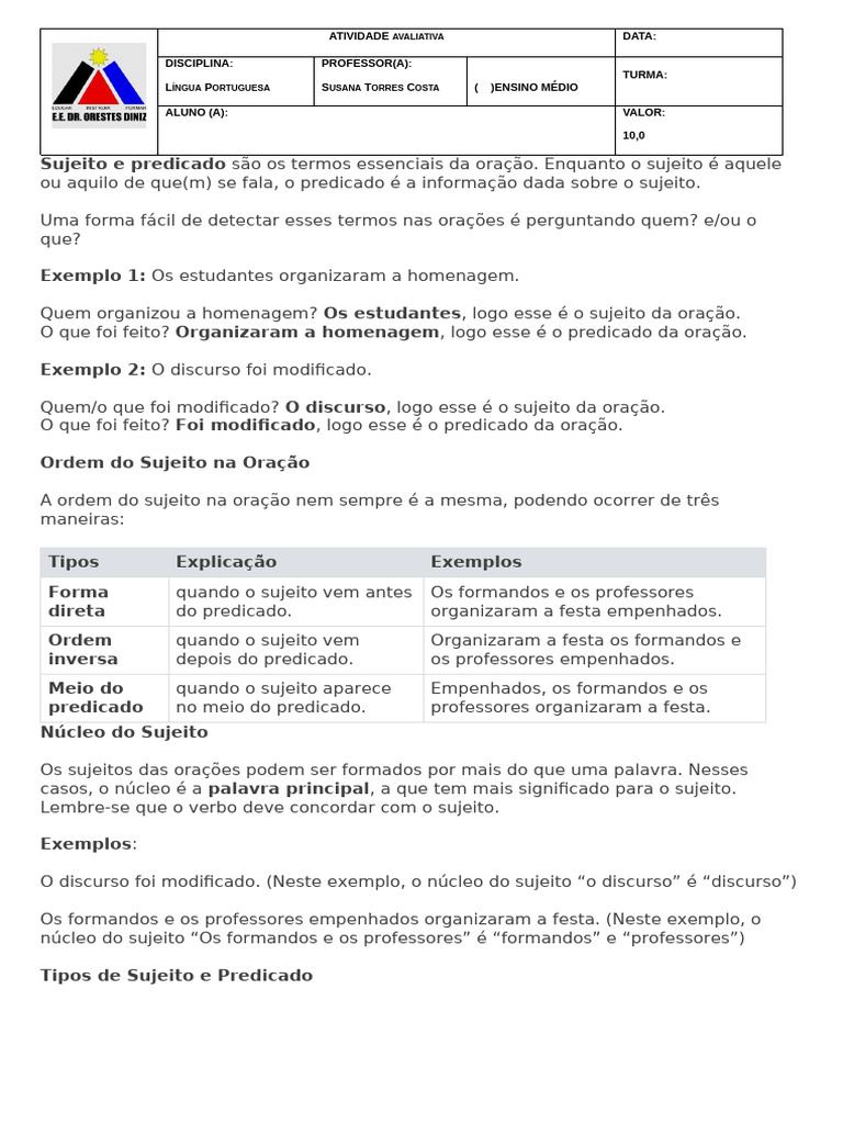 Sujeito e Predicado na Língua Portuguesa | PDF | Assunto (gramática ...