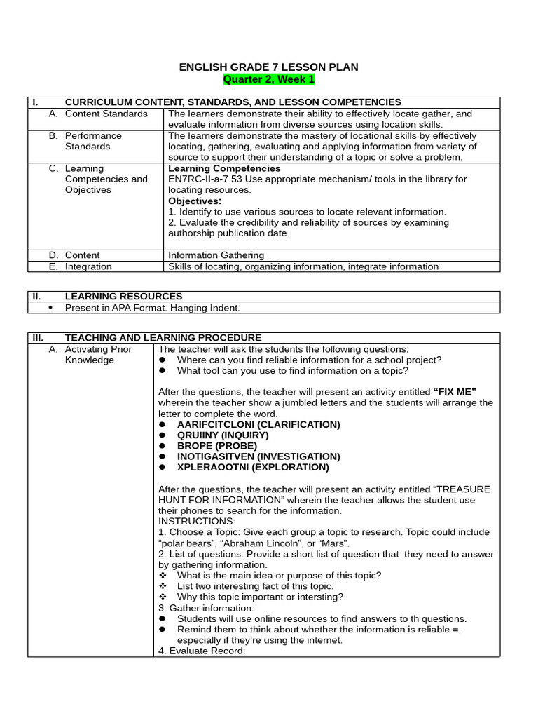 Grade 7 English Lesson Plan: Info Literacy | PDF | Information Literacy ...