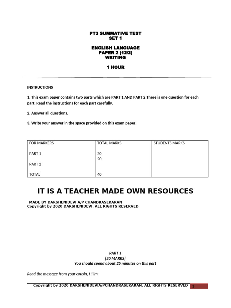 PT3 Summative Test Writing Paper | PDF | English Language | Human ...