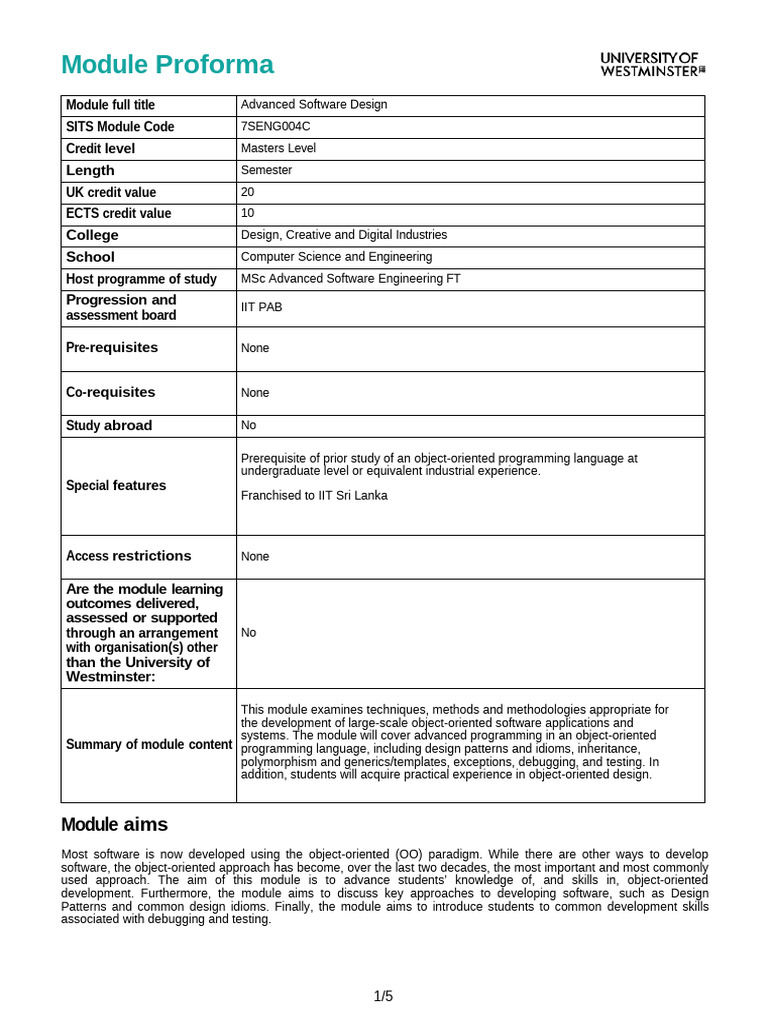 Advanced Software Design Module Overview | PDF | Educational Assessment ...