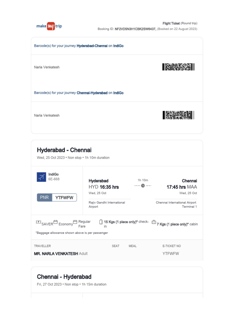 Hyderabad-Chennai Flight Itinerary | PDF | Transport | Aviation