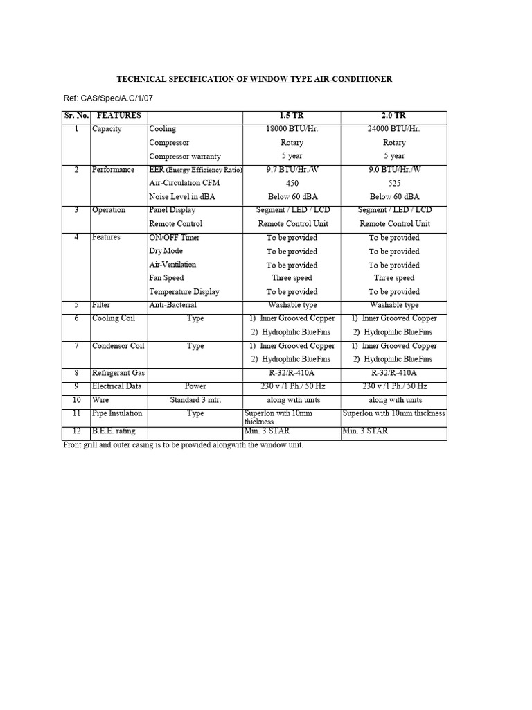 Specification For Window Split Ac Pdf Air Conditioning Heat Exchanger