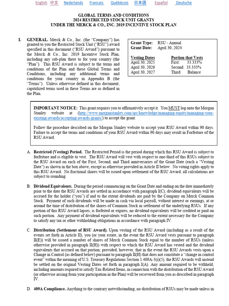 2024 Annual RSU Terms and Conditions Final All Links | PDF | Indemnity |  Dividend