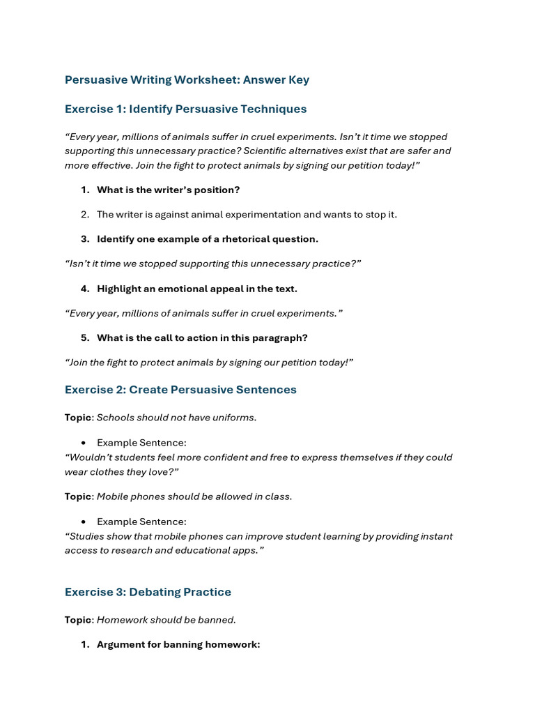 Persuasive Writing Techniques Worksheet | PDF | Homework | Psychology