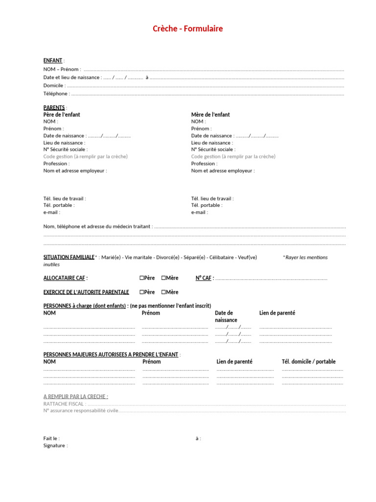 Fiche de renseignement crèche | PDF