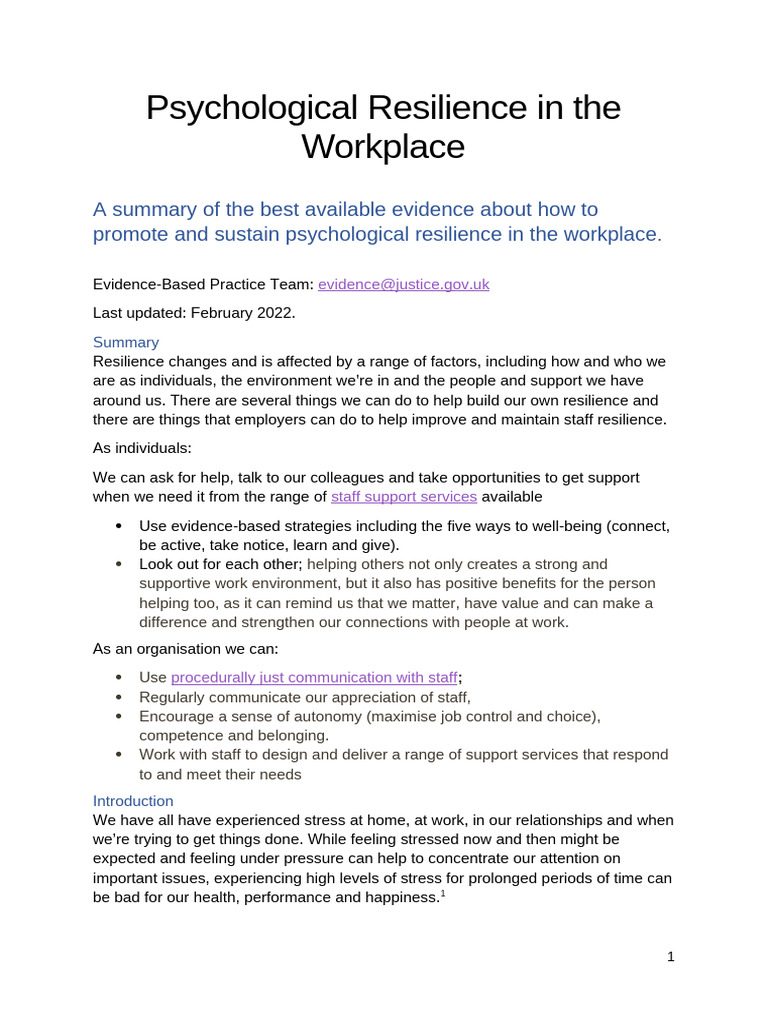 Resilience in The Workplace Evidence Summary Long Read | PDF ...