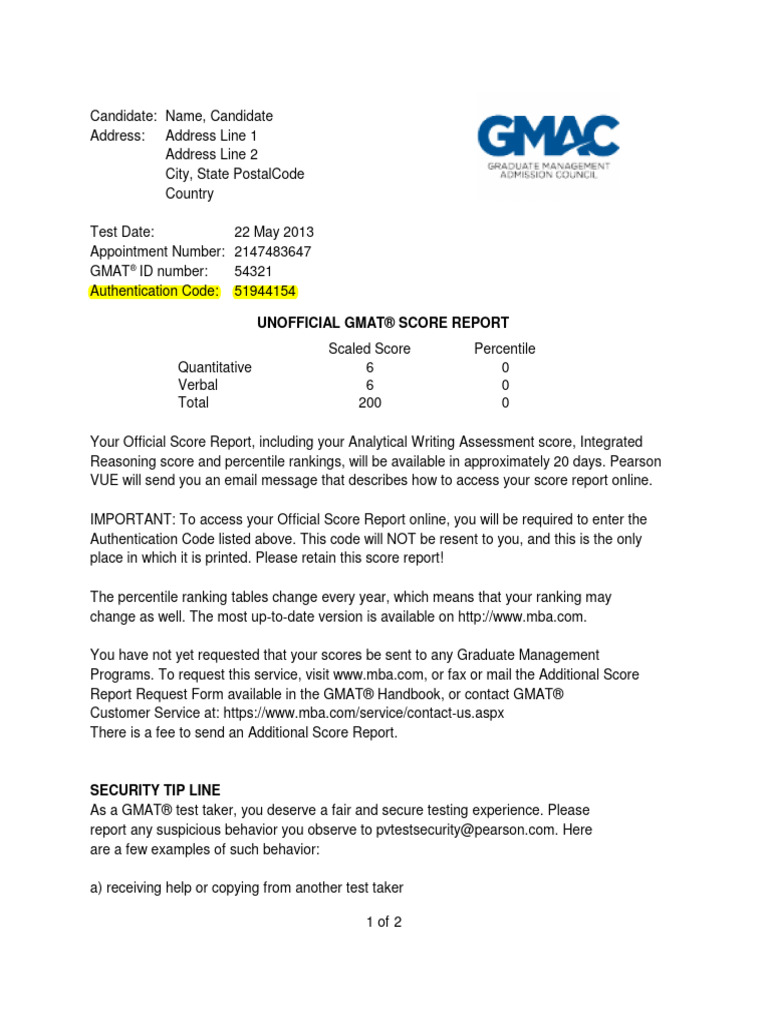 Sample Gmat Unofficial Score Report | PDF | Graduate Management ...