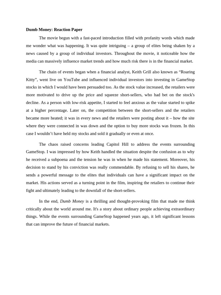 Dumb Money Reaction Paper | PDF