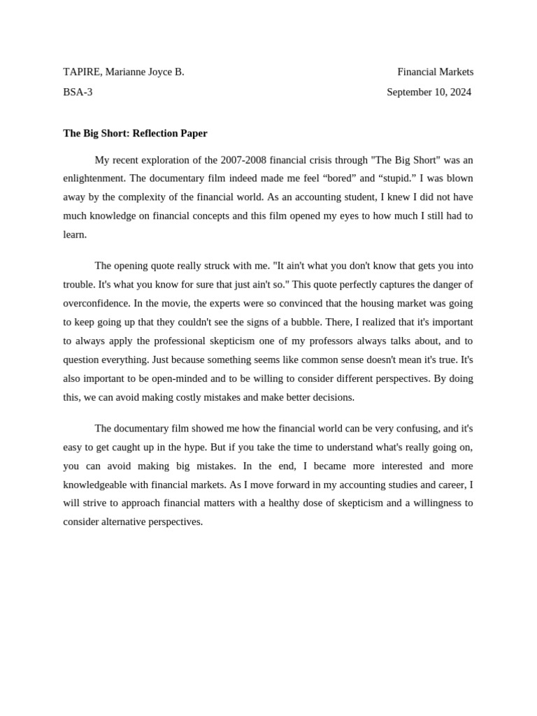 The big short reflection paper pdf