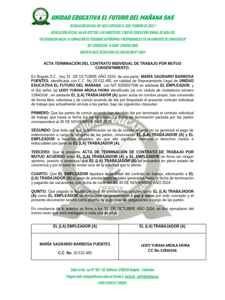 Modelo Terminacion de Contrato 2024 | PDF | Documento de identidad | Bogotá