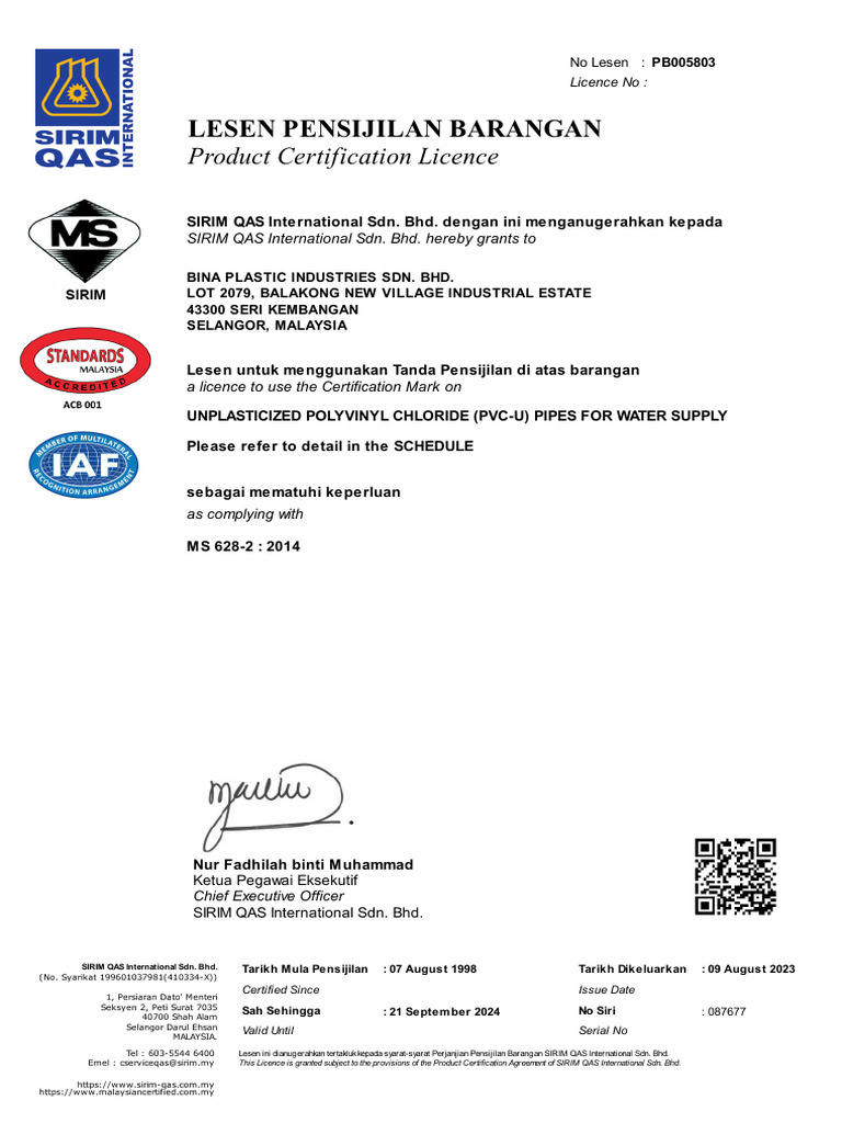 SIRIM Certification for Bina Plastic Pipes | PDF