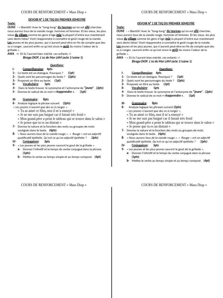 Devoir TSQ 6ème - Compréhension et Grammaire | PDF | Mécanique du ...