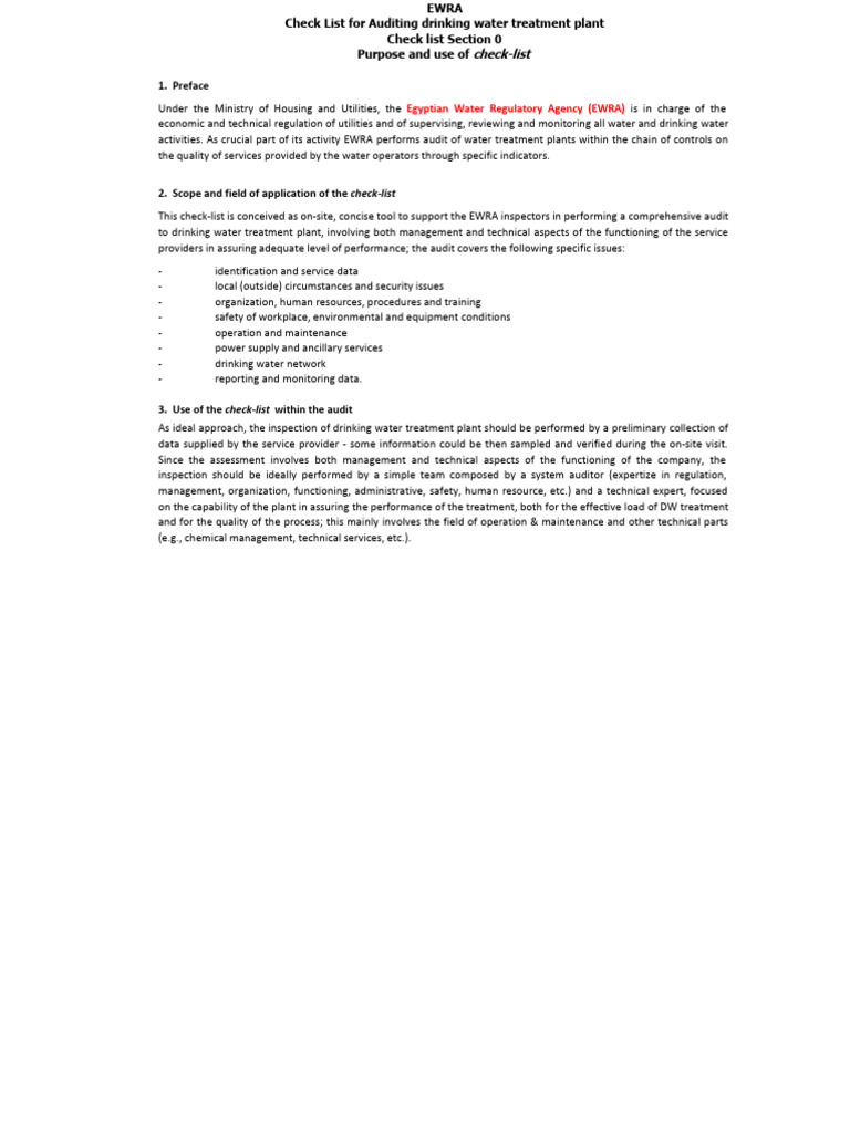 EWRA Check List Auditing Drinking Water Treatment Plants | PDF | Audit
