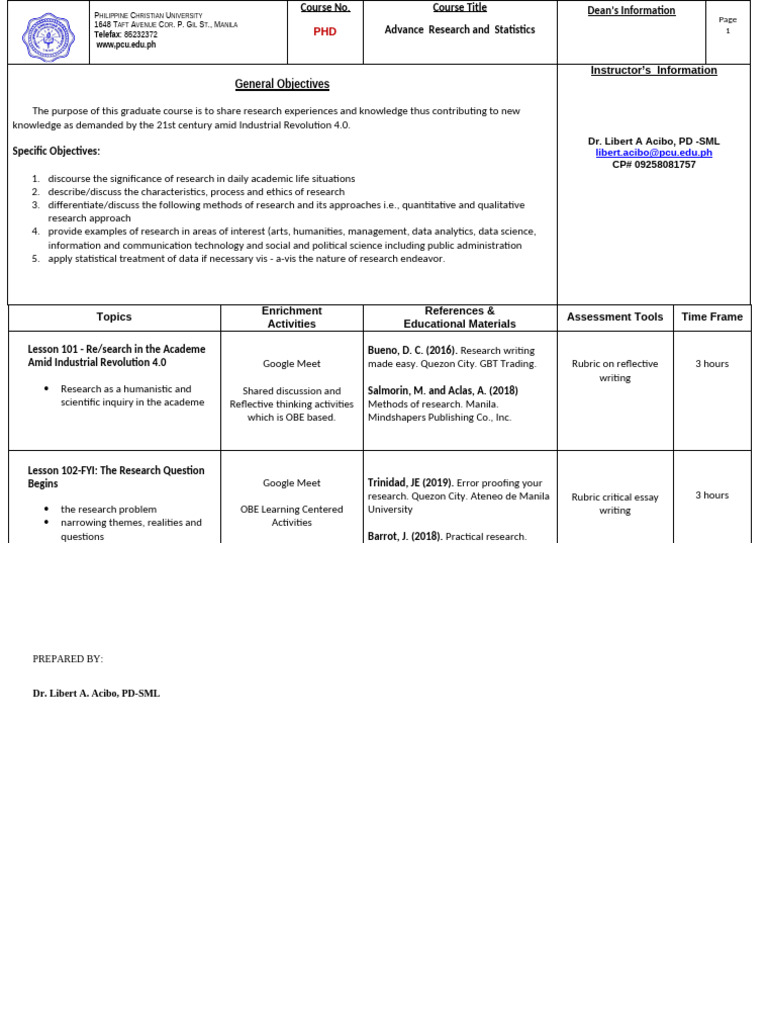 Syllabus in Methods of Research With Statistics 1 | PDF | Methodology ...