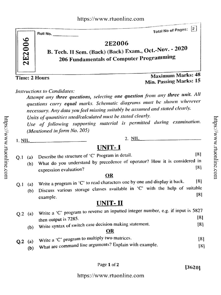 Btech 2 Sem Fundamentals of Computer Programming 2e2006 Nov 2020 (1) | PDF