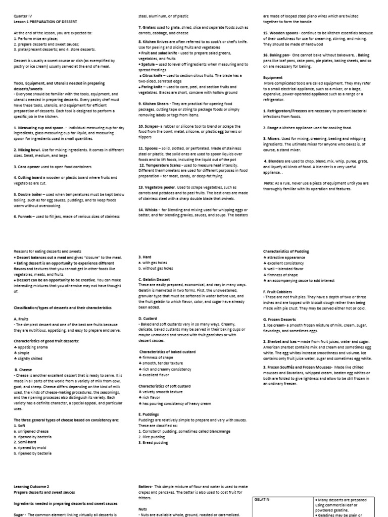 Tle Cookery 4th Pdf Desserts Custard