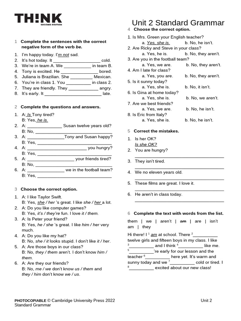 Standard Grammar Unit 2 Exercises | PDF | Linguistics