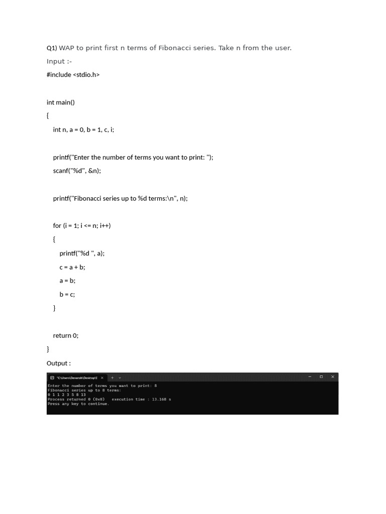 WAP To Print First N Terms of Fibonacci Series. Take N From The User ...