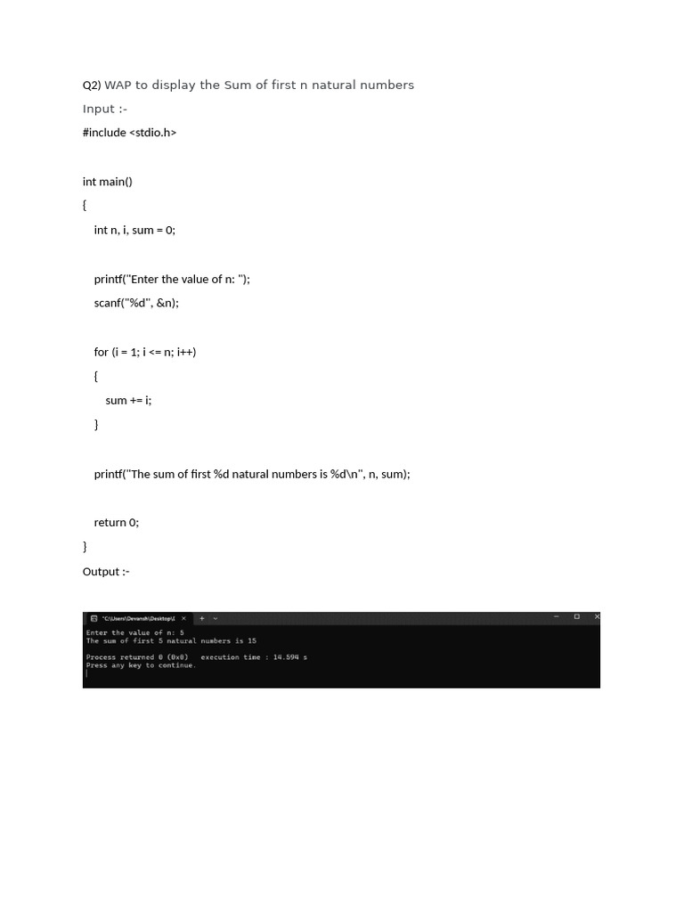 WAP To Display The Sum of First N Natural Numbers Input | PDF