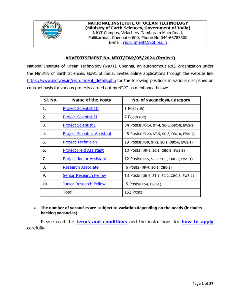 Notification NIOT Project Asst Project Scientist Other Posts | PDF ...