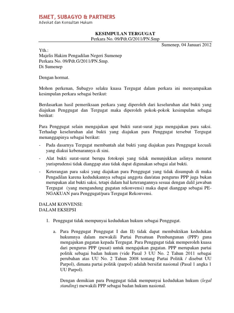 Kesimpulan Tergugat H Sugianto Ke Ppp