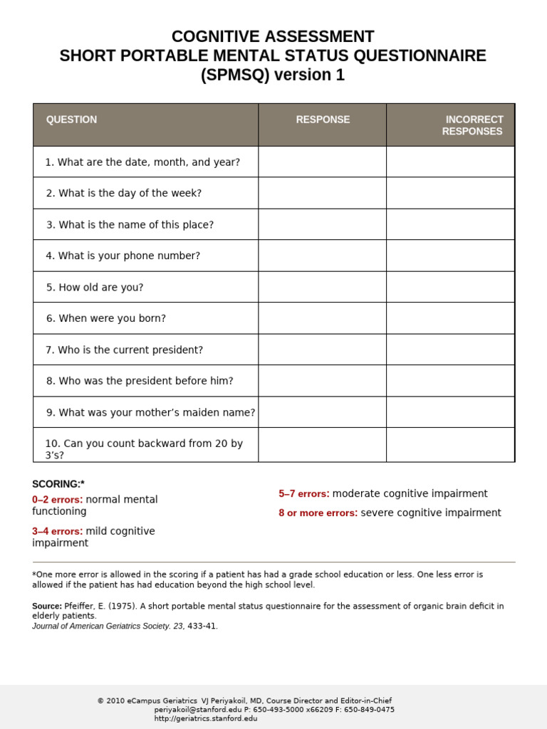 SPMSQ Cognitive Assessment Guide | PDF