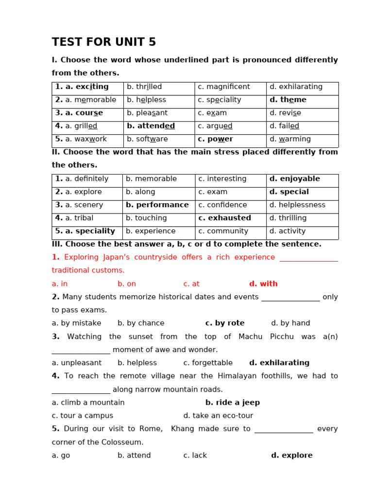 Unit 5 Test: Exploring Experiences | PDF | Classroom | Mathematics
