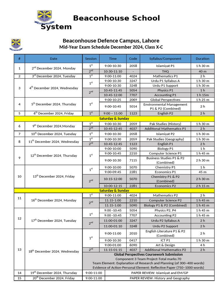 Date Sheet Mid-Year Dec 2024 (X-C) | PDF | Science
