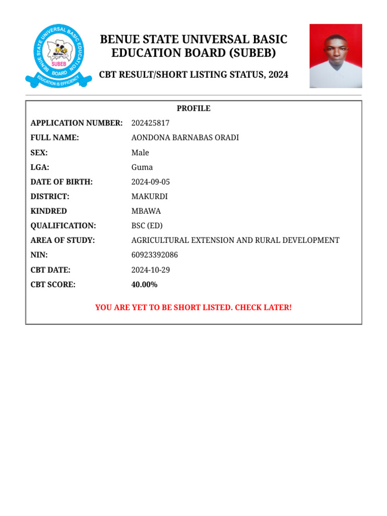 Benue State SUBEB CBT Result 2024 | PDF