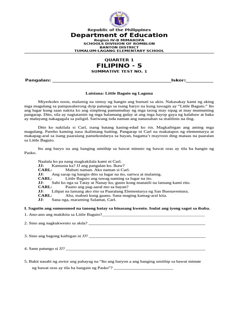 g5 Filipino q1 Summative1 4 | PDF