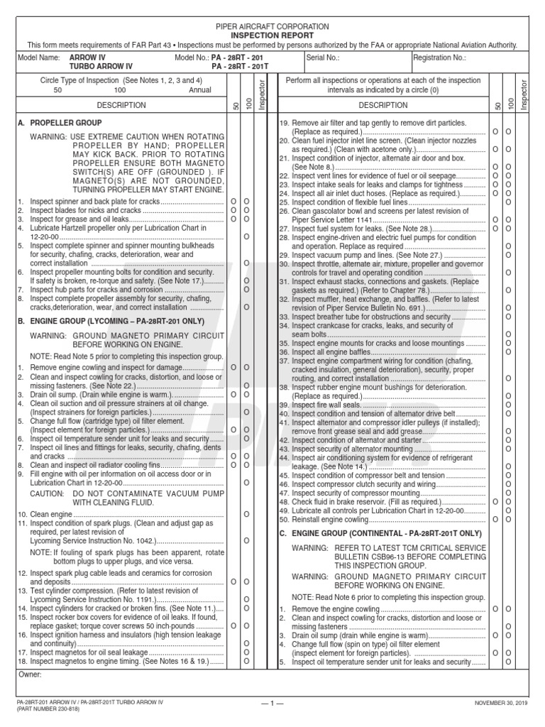 PA-28RT-201 Arrow IV Inspection Report | PDF | Leak | Electrical Connector