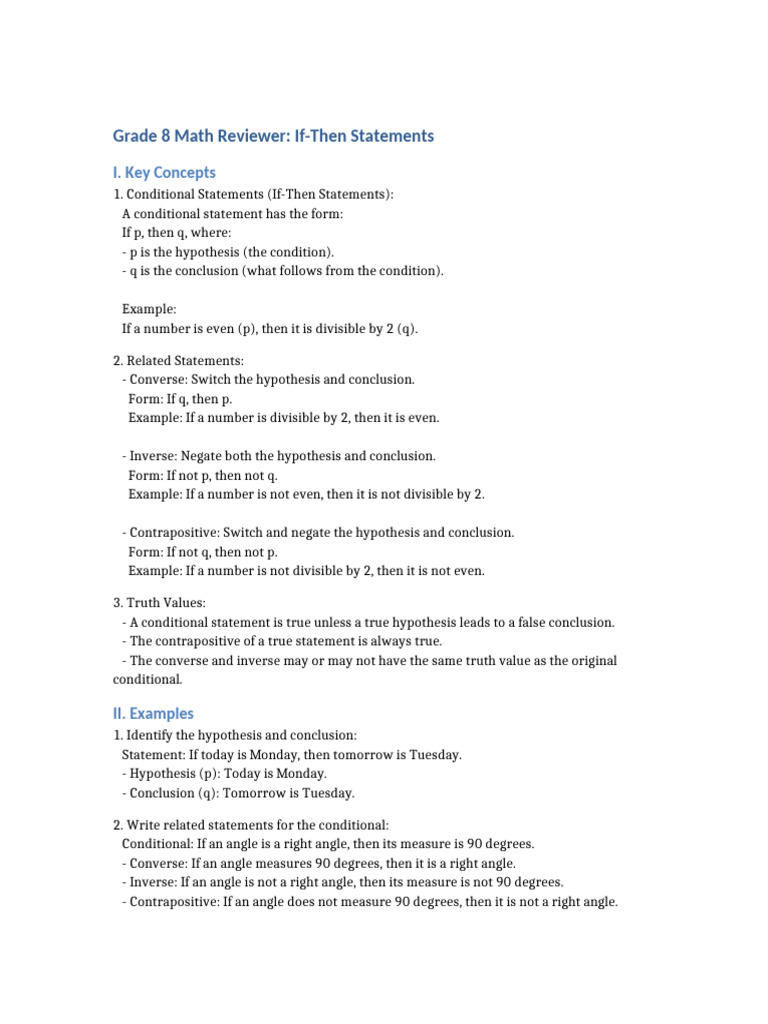 Grade 8 Math Reviewer If Then Statements | PDF | Logic | Euclidean Geometry