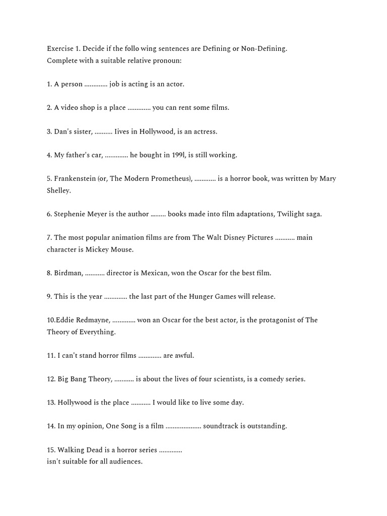 Defining and Non Defining Relative Clauses Exercises | PDF