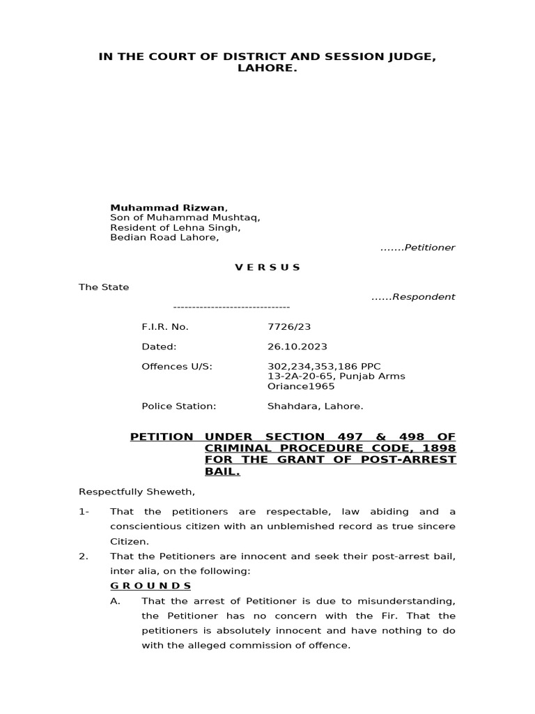 Post-Arrest Bail Petition Lahore Case | PDF | Bail | Arrest