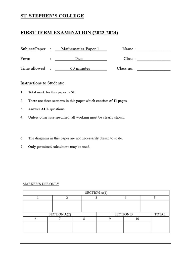 Mathematics Exam Paper 2023-2024 | PDF | Area | Volume
