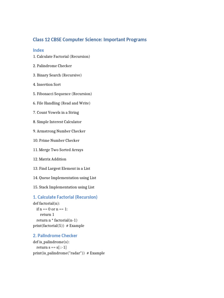 Class12 CS Important Programs | PDF