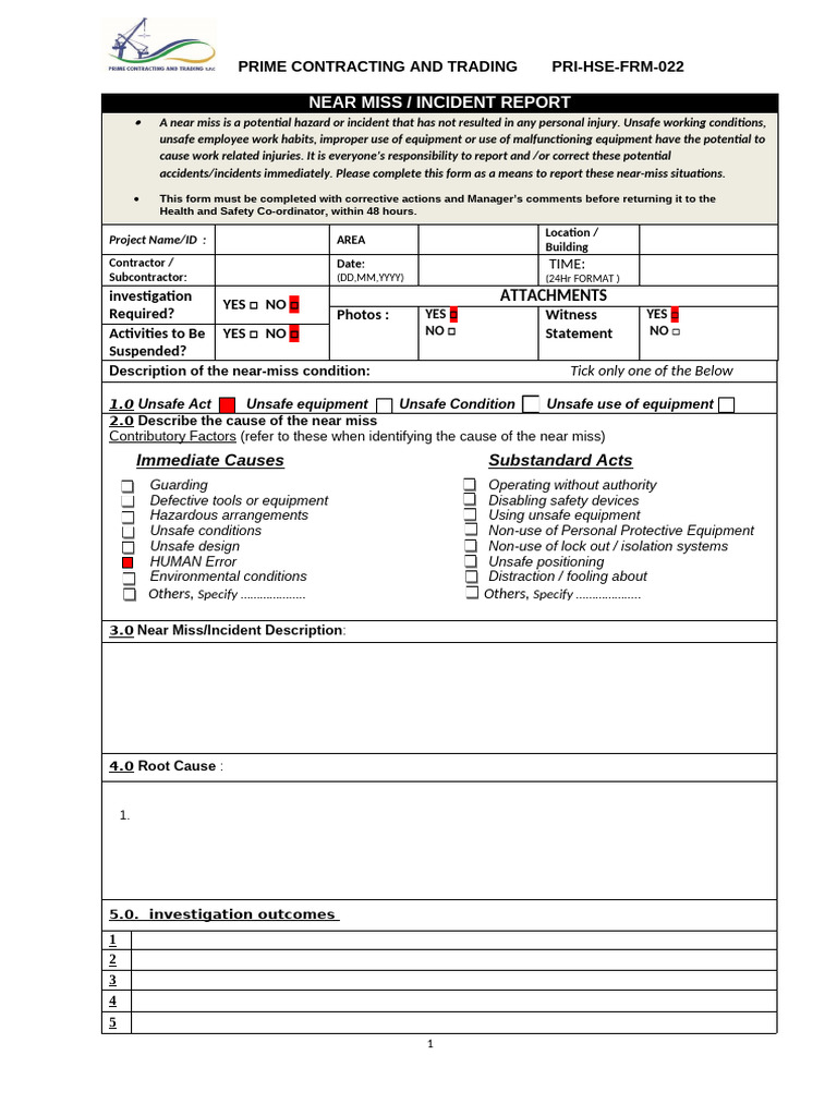 Near Miss Incident Report Form | PDF | Occupational Safety And Health ...