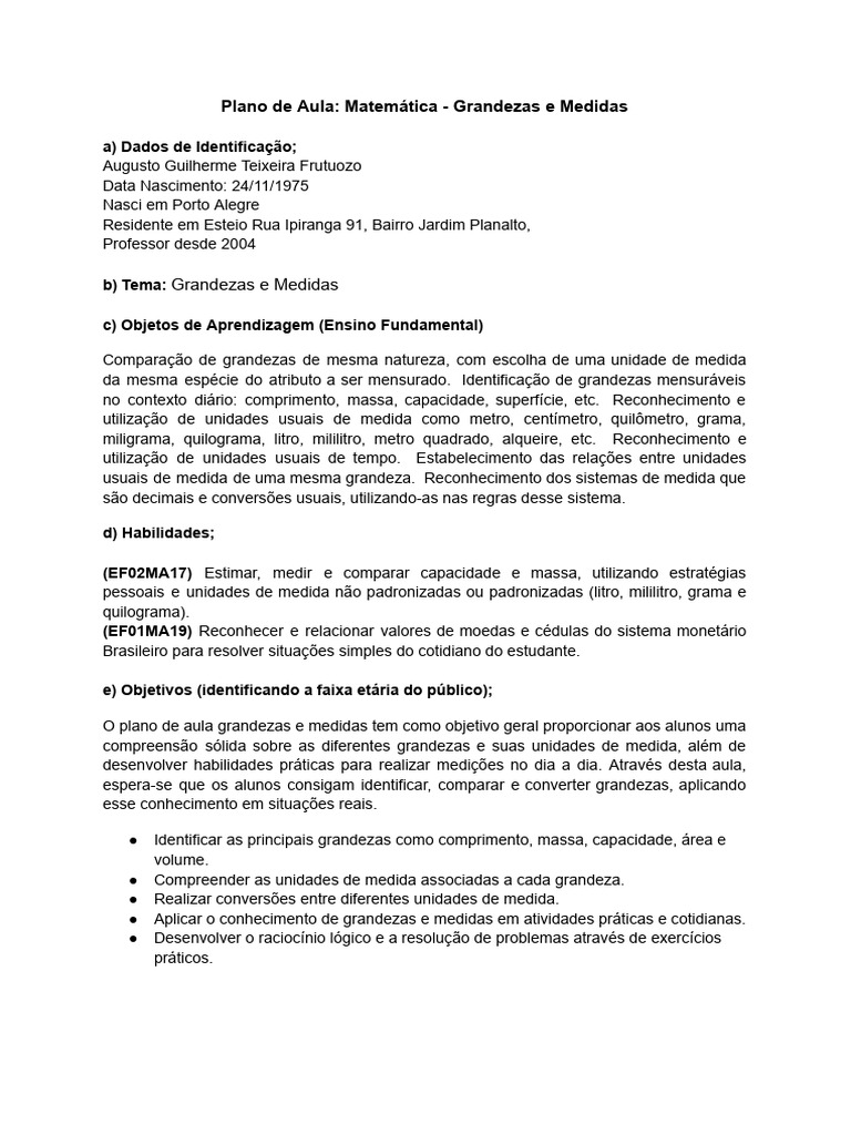 Aula de Matemática: Grandezas e Medidas | PDF | Medição | Lição