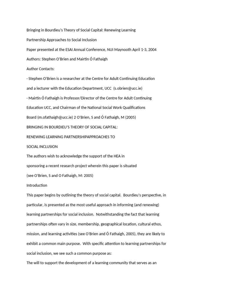 Bourdieu's Social Capital in Education | PDF | Social Capital | Concept