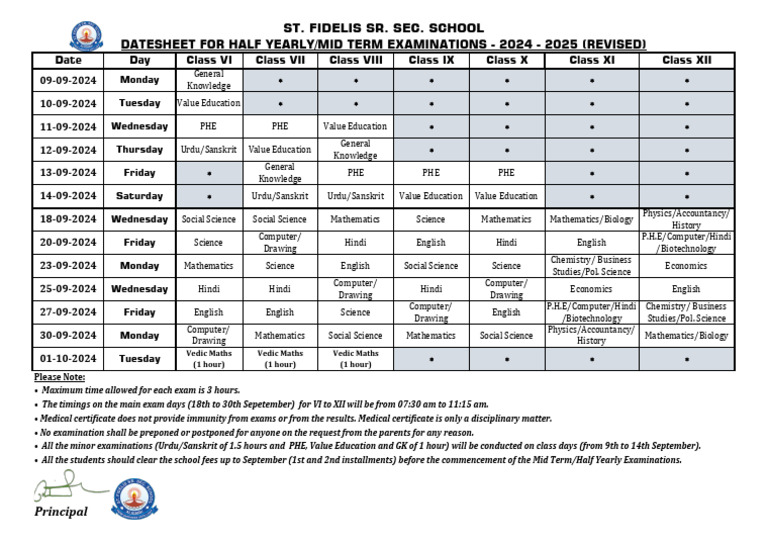 2024-2025 Mid Term Exam Datesheet | PDF | Science