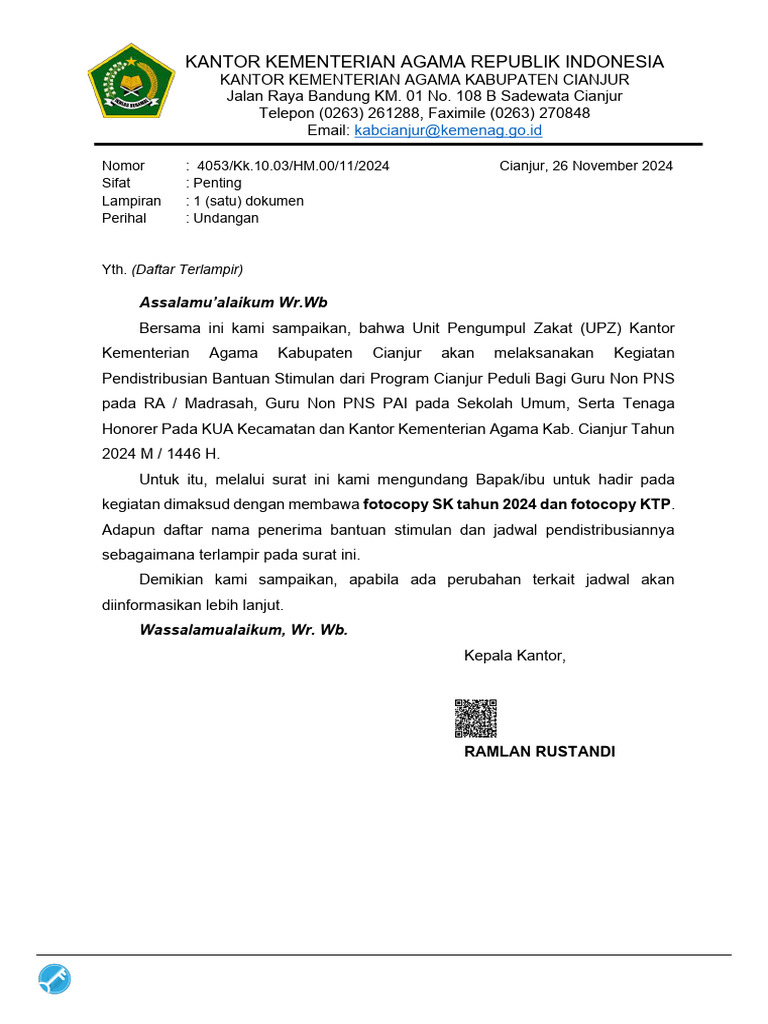 Undangan Penerima Insentif KUA & Satker | PDF