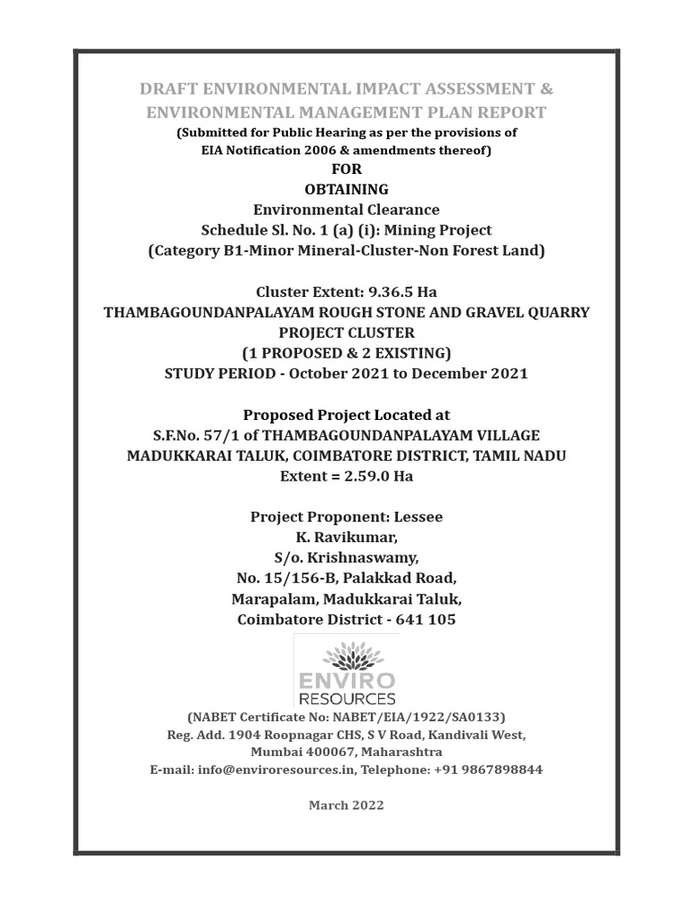 EIARpt Ravikumar 19422 | PDF | Environmental Impact Assessment | Mining