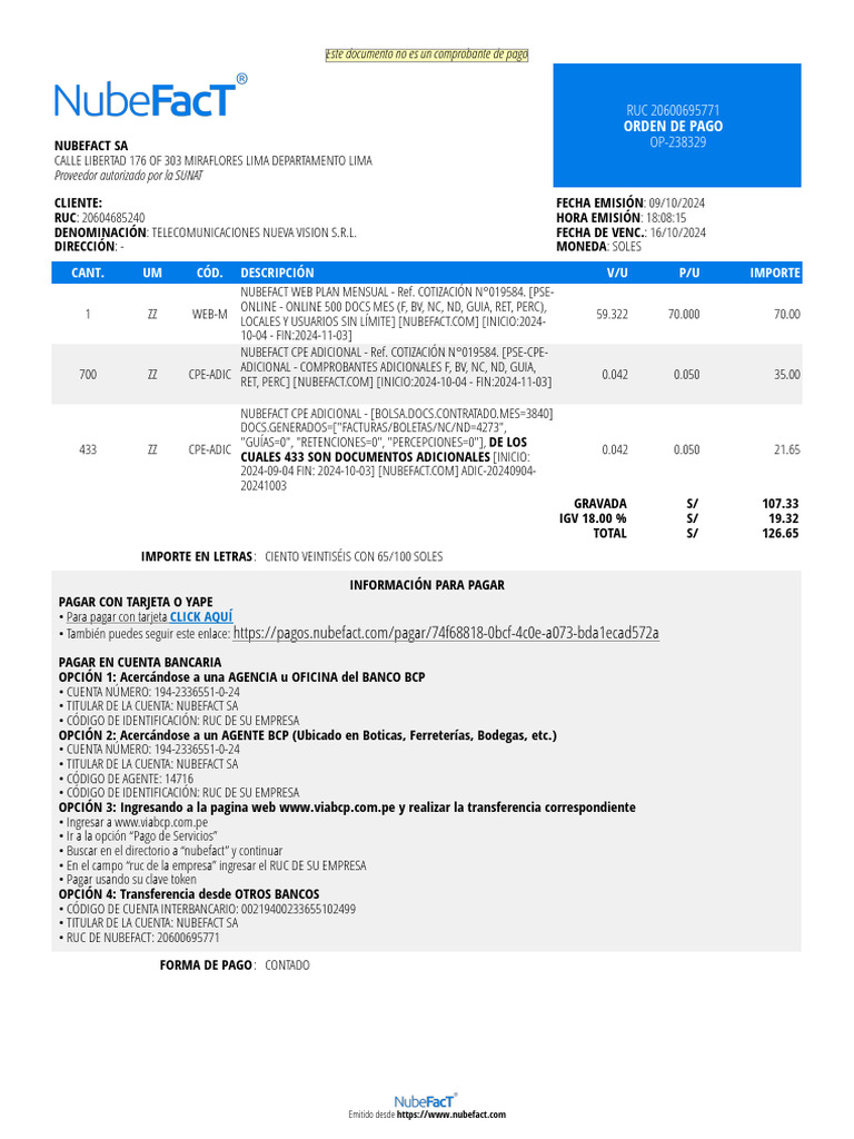 Orden de Pago NUBEFACT SA - Detalles | PDF | Transferencia bancaria ...