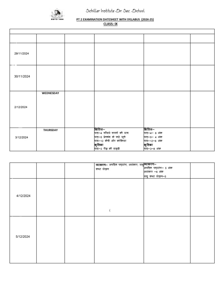 Class 9 PT 2 Datesheet With Syllabus 2024-25 | PDF