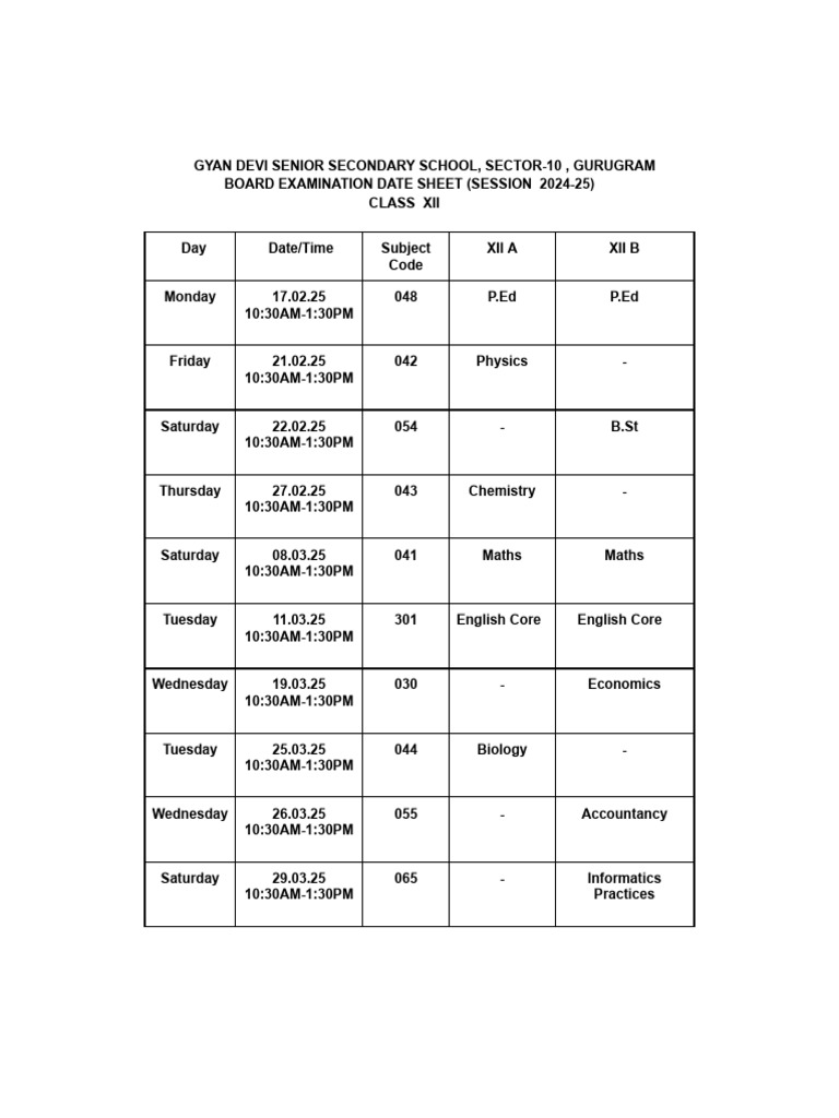Class xii board examination date sheet 2024 25 pdf